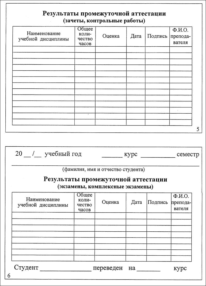 Образец заполнения зачетки