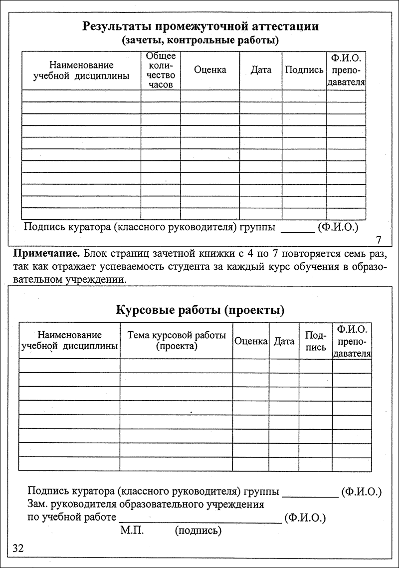 Зачетная книжка студента образец